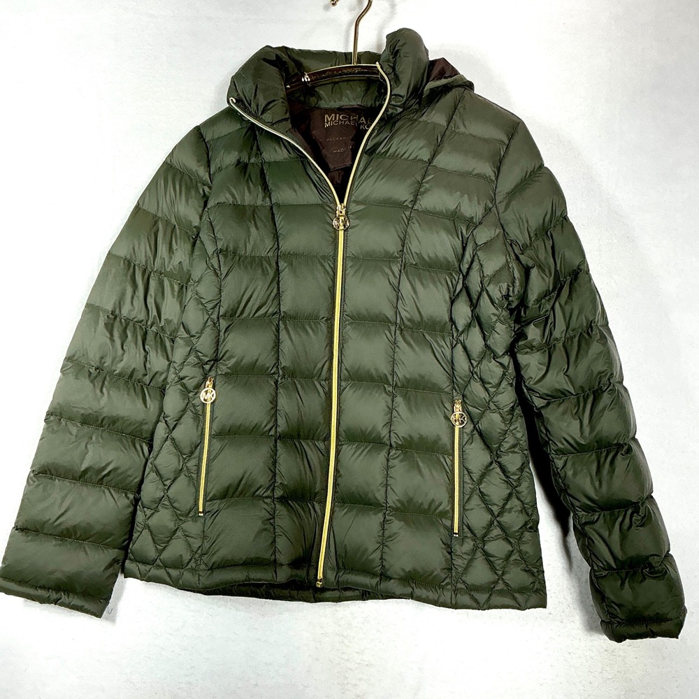 Michael Kors Size M Puffer Jacket Olive Green Packable Down Fill Womens $190
